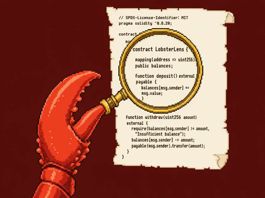 A lobster claw inspecting Solidity code through a magnifying glass