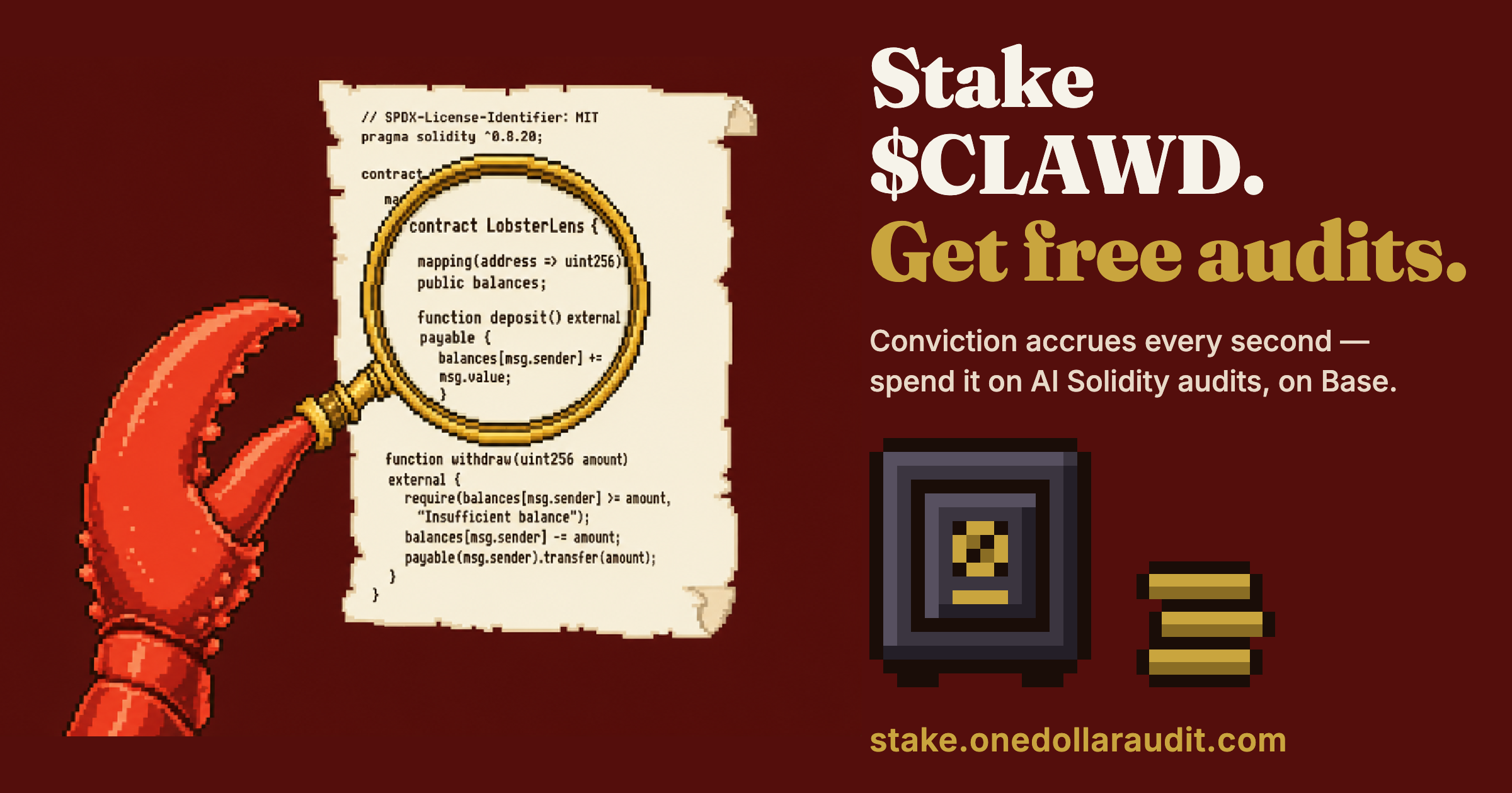 One Dollar Audit — Stake — Stake $CLAWD. Get free audits. Conviction accrues every second — spend it on security…